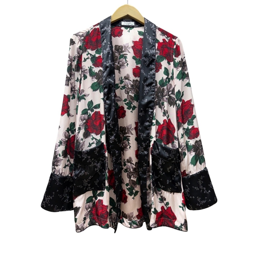 Equipment Femme Theron 100% Silk Robe Duster Kimono Pink Rose Floral Jacket